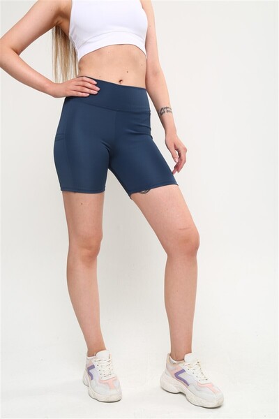 OPENDO Yüksek Bel Toparlayıcı Etki Esnek Kadın Cepli Mini Şort Tayt Indigo Mavi