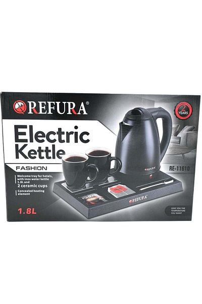 REFURA Electric Kettle 1.8 Liter Hotel Set 1500 Watts with 2 Ceramic Cups and Tray