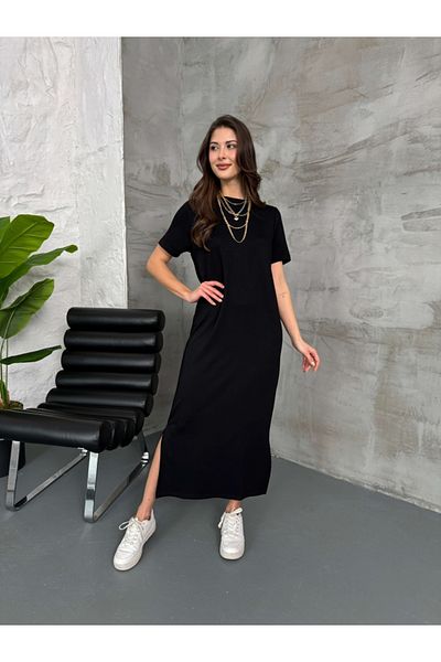 Elif Özbey Butik Rochie neagră cu fantă modal lejeră