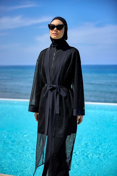 Marina Black Tulle Kimono – Stylish, Lightweight and Full Length Hijab Beach Pareo P2501-1
