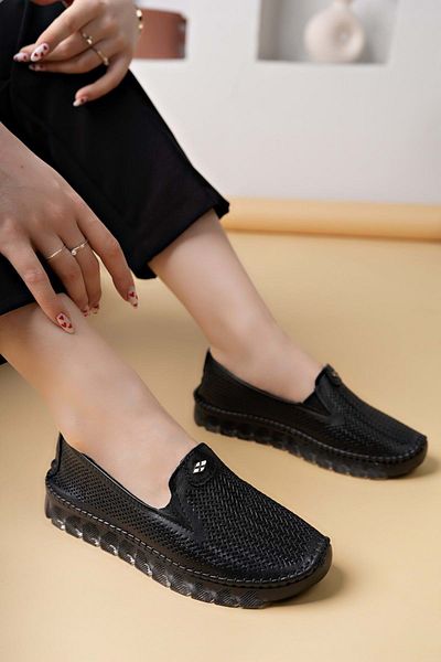 KOCAMANLAR Ayakdaş Saraç Detailed Transparent Sole Genuine Leather Women's Ballerina Shoes Black