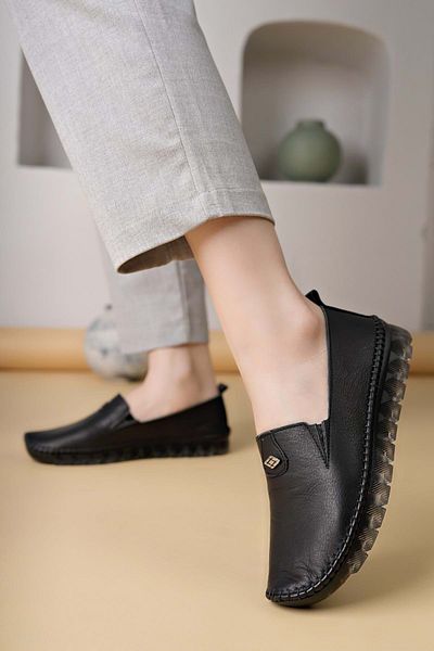 KOCAMANLAR Ayakdaş Saraç Detailed Transparent Sole Genuine Leather Women's Ballerina Shoes Black