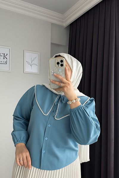 Refika Butik Cămașă de damă Baby Collar Pearl Fusta Top Design Bondi Blue