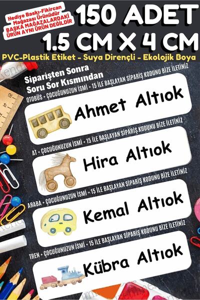 FİKİRCAN -isme Özel Okul Etiket Seti Sevimli Oyuncaklar - 150 Adet - Ekolojik...