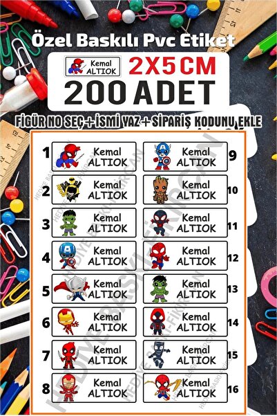 FİKİRCAN - Isme Özel Okul Etiket Seti - 200 Adet -2x5 Cm Kokusuz Ekolojik Mür...