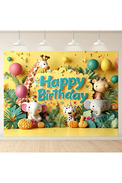hdcw Χαρούμενα γενέθλια - Διακοσμητικό γενέθλια με θέμα τα χαριτωμένα ζώα, υφασμάτινο φόντο - 210cm X 150cm