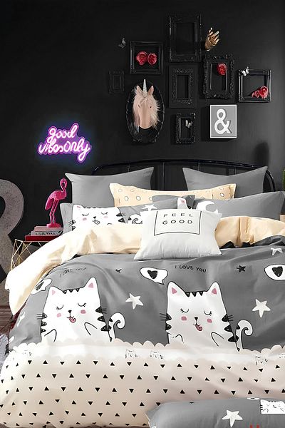 İQON Grey Single Cute Cats - Set cuvertură de pilota elastică