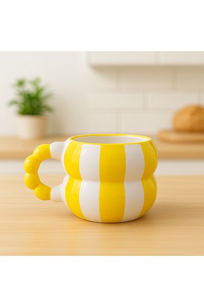 İZart Katmerli Beaded Handle Yellow Stripe Patterned Hand Embroidered Ceramic Mug