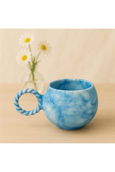 İZart Bubble Knitted Handle Blue Marbled Patterned Ceramic Mug