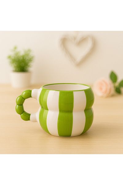 İZart Layered Bead Handle Green Strip Patterned Hand Embroidered Ceramic Mug
