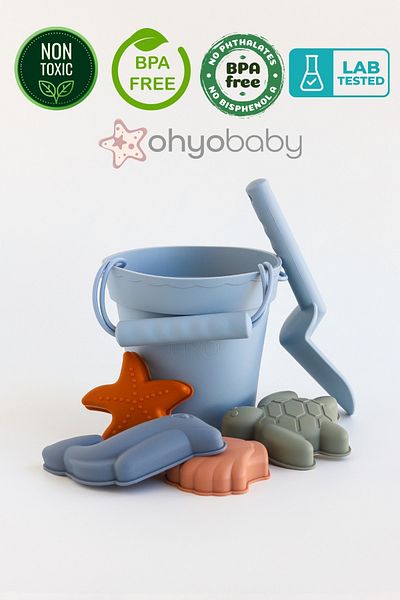 OHYO Blue Silicone Kids Play Set - Bath and Beach Bucket, Healthy and Natural
