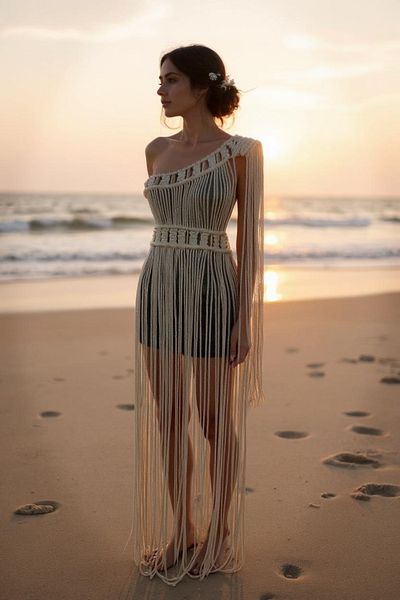 Zuviel Deco Long Cleopatra One Shoulder Macrame Dress, Beach Dress
