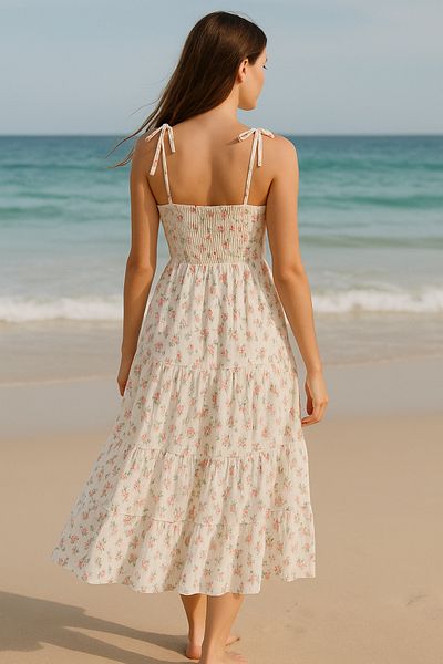 Lia's Boutique Summer dress with straps and ruffles made of embossed cotton with rose pattern