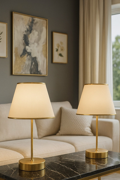 retro home design Hera Ikili Krem Şapkalı Gold Kaplamalı Salon Yatak Odası Masa Lambası Abajur