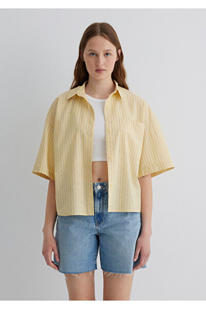 Mavi Çizgili Sarı Gömlek Crop / Kısa Kesim 1211102-89859