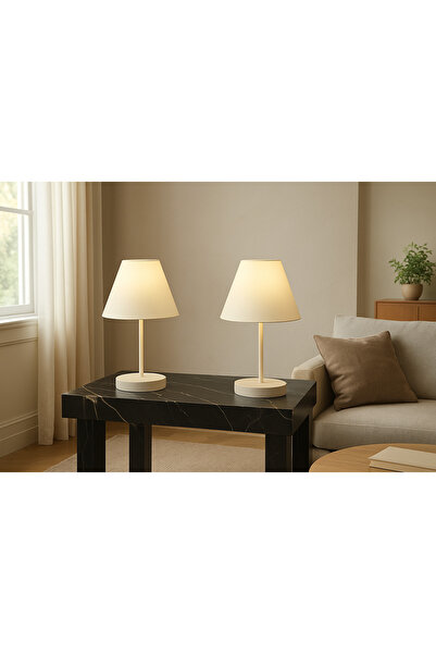 retro home design Beyaz Şapkalı Pilli İki Adet Aç Kapa Butonlu Abajur Masa Lambası