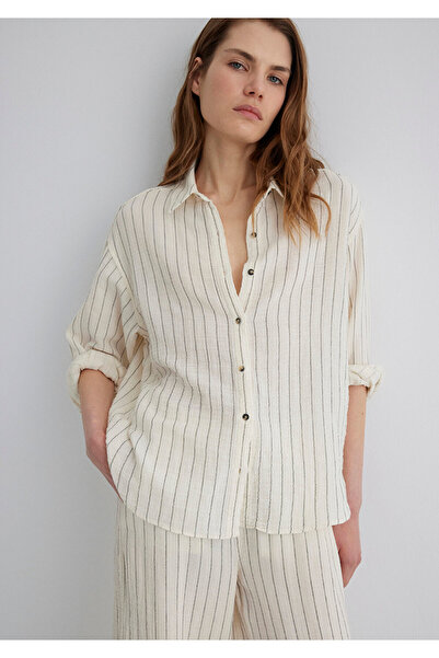 Mavi Çizgili Bej Gömlek Loose Fit / Bol Rahat Kesim 1210485-87977