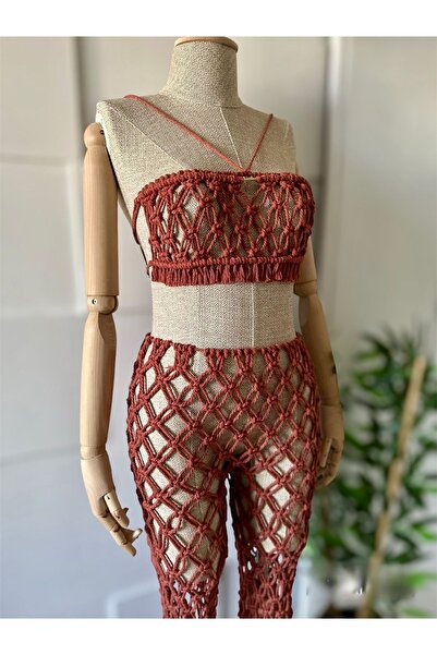 Zuviel Deco El yapımı makrome file büstiyer pantolon takım, plaj kıyafeti, pareo
