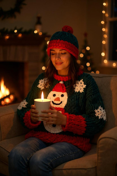 Zuviel Deco Handmade El yapımı örgü kış temalı puffy chunky kazak