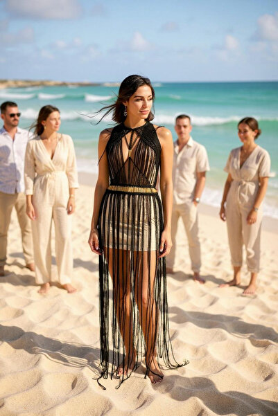 Zuviel Deco Handmade فستان شاطئ طويل بتفاصيل ذهبية - قياسي