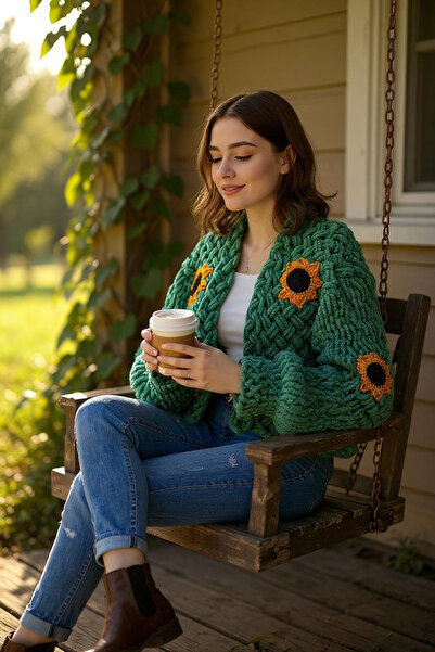 Zuviel Deco Handmade El yapımı Ayçiçeği Puffy Polar Chunky Hırka, Ceket