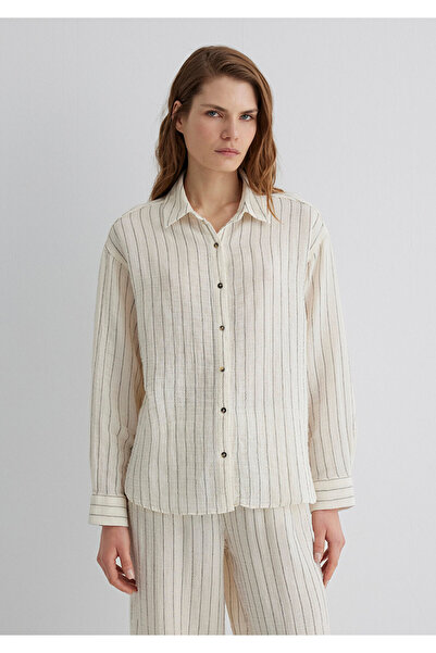 Mavi Çizgili Bej Gömlek Loose Fit / Bol Rahat Kesim 1210485-87977