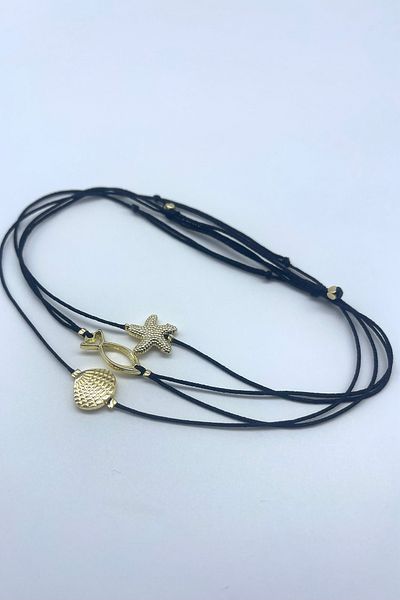 Concept HuBuTU 3 Pieces Minimal Sea Themed Gold Fish Mussel Star Figured Black Rope Summer Anklet Set