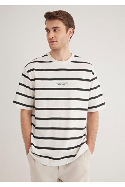 Mavi Siyah Çizgili Ekru Tişört Loose Fit / Bol Rahat Kesim 0612512-70057