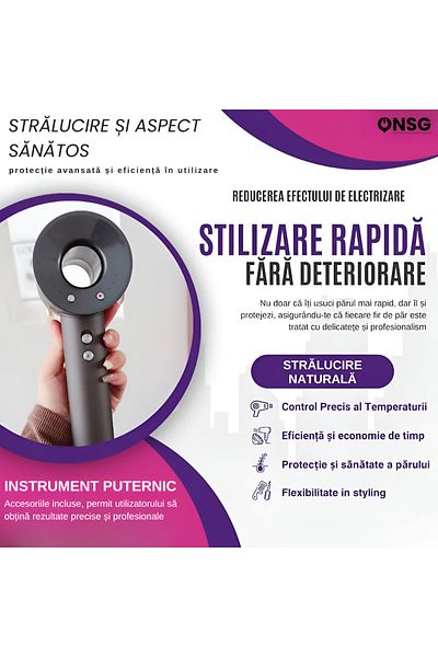 ONSG Uscător de păr premium Aeroglam Pro, motor fără perii, protecție la supraîncălzire, 5 duze, negru