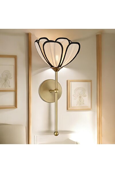 burenze Modern Tasarım Rose Çiçek Lale Kablosuz Pilli Aplik Eskitme Gold Sarı Gövde Ekru Kumaş Tak Çalıştır