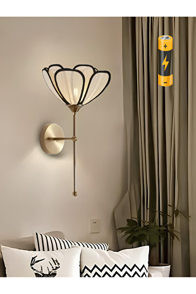 burenze Modern Tasarım Rose Çiçek Lale Kablosuz Pilli Aplik Eskitme Gold Sarı Gövde Ekru Kumaş Tak Çalıştır