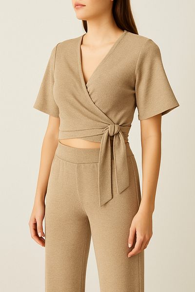 MODA Kraveze Spanish Sleeve Leg Crop Double Tracksuit Set Summer Casual Sports Combination V-Neck