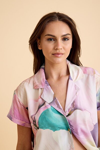 Amarelle Paradise Çiçek Desenli Viskon, Düğmeli İpeksi Pijama Takım