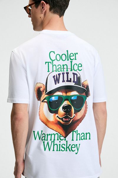 GRIMELANGE Tasty Men's 100% Cotton Oversize Fit Printed Short Sleeve Round Neck White T-Shirt
