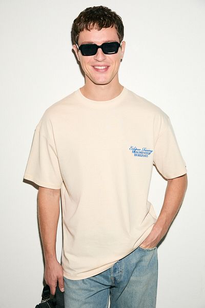 GRIMELANGE Veyron Men's 100% Cotton Oversize Fit Printed Short Sleeve Round Neck Vanilla T-Shirt