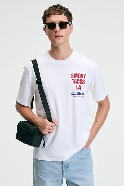 GRIMELANGE Fresh Men's 100% Cotton Oversize Fit Printed Short Sleeve Round Neck White T-Shirt