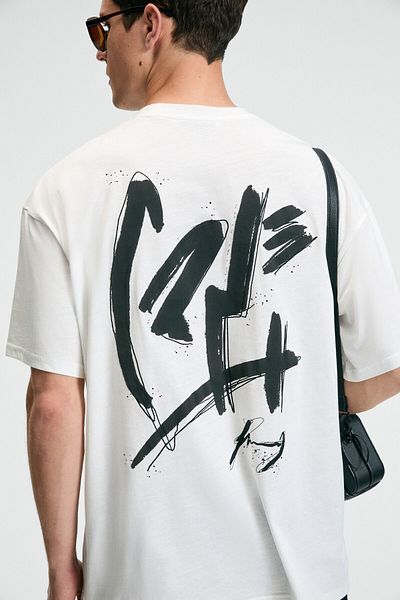 GRIMELANGE Pop Men's 100% Cotton Oversize Fit Printed Short Sleeve Round Neck Ecru T-Shirt