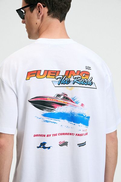 GRIMELANGE Delight Men's 100% Cotton Oversize Fit Printed Short Sleeve Round Neck White T-Shirt