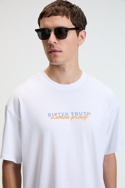 GRIMELANGE Flavor Men's Oversize 100% Cotton Printed Round Neck White T-Shirt
