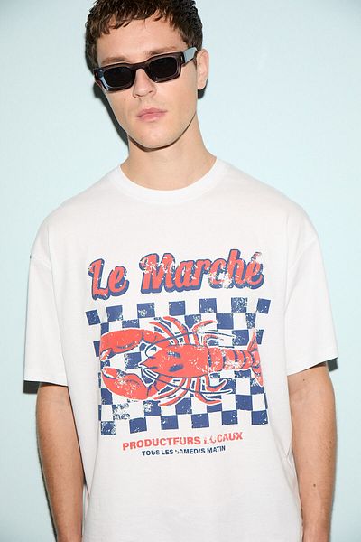 GRIMELANGE Snack Men's Oversize Fit 100% Cotton Printed Round Neck White T-Shirt