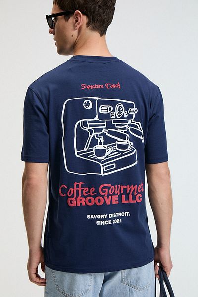 GRIMELANGE Bite Men's Oversize 100% Cotton Printed Round Neck Navy Blue T-Shirt