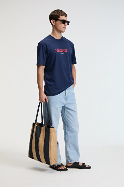 GRIMELANGE Ανδρικό μπλουζάκι BITE Oversize 100% βαμβακερό με στάμπα με στρογγυλή λαιμόκοψη Navy Blue