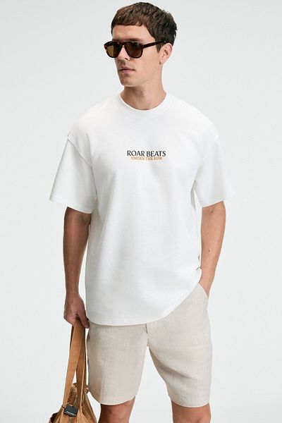 GRIMELANGE Yum Men's Oversize Printed Round Neck Ecru T-Shirt