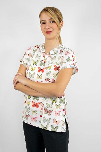 Nur Medikal Giyim Tricou unisex cu model de fluturi verzi pentru asistentă me...