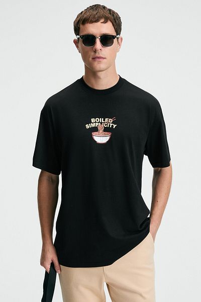 GRIMELANGE Snack Men's Oversize Fit 100% Cotton Printed Round Neck Black T-Shirt