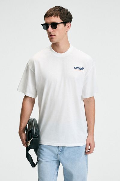 GRIMELANGE Feast men's 100% cotton Oversized fit Printed short sleeve round neck ecru t-shirt