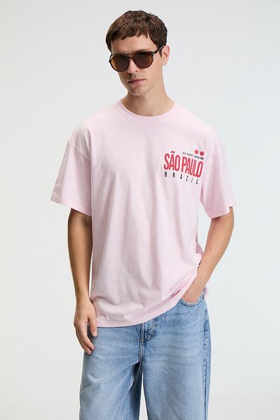 GRIMELANGE Nibble Men's Oversize 100% Cotton Printed Round Neck Pink T-Shirt