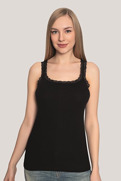 Arma Yıldız Women's Lace Strap Undershirt Black 3 Pack 100% Cotton Ribbed Stretchy