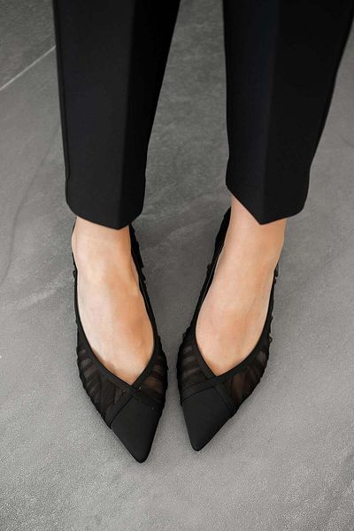 Parponi Bürüksel Mesh Detailed Satin Pointed Ballerinas Black