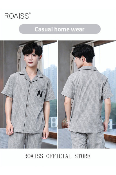 ROAISS 2-Piece Pajama Set Men's Cotton Short-Sleeved T-Shirt Long Pants Sets